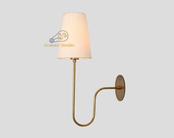 Handmade Brass Wall Sconce with Linen Shade: Mid-Century Modern Vanity Light