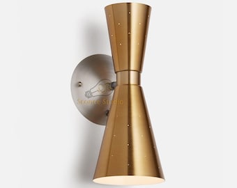Mid Century Modern Double Cone Brass Wall Sconce, Up Down Light Fixture, Vintage Inspired Wall Lamp, Wall Mounted Sconce, Retro Wall Light