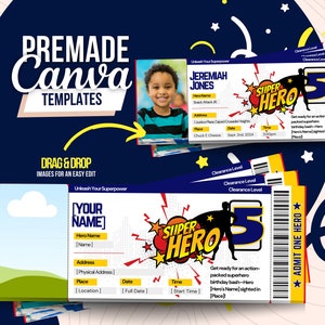 Super Hero - Flugticket - Bordkarte - Vorlagen - Bearbeitbar in Canva - Geburtstage, Babypartys, Hochzeiten, Urlaube
