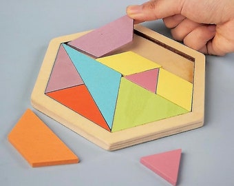 Montessori Wooden Hexagon Puzzle Shape Block Tangram