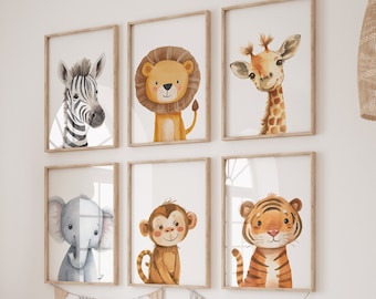 Safari Animal Prints for Nursery, Set Of 6 Safari Nursery Wall Art Pictures for Babies Room, Gender Neutral  Decor, Jungle Playroom Posters