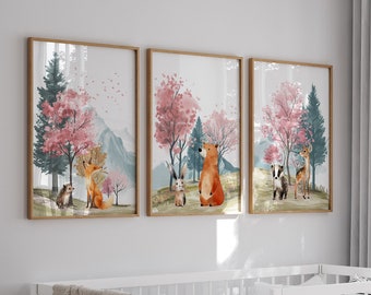 Set Of 3 Woodland Animal Nursery Prints, Pink Forest Girls Bedroom Decor Wall Art, Adventure Outdoor Playroom Posters, Mountain Pictures