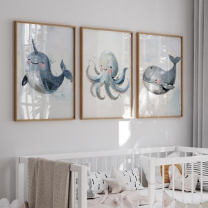 Set of 3 Sea life Wall Art, Nautical Nursery Wall Art, Ocean Theme Bedroom Prints, Nursery Prints for Babies Room, Blue Kids Playroom Decor