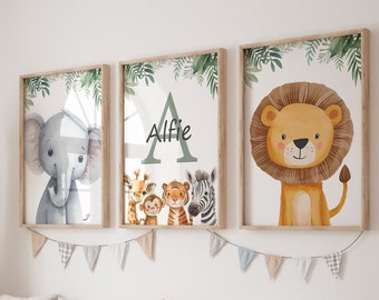 Personalised Safari Nursery Wall Prints, Set of 3 Kids Name Art, Boys Bedroom Decor, Girls Room Animal Pictures, Custom Playroom Posters