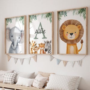 Personalised Safari Nursery Wall Prints, Set of 3 Kids Name Art, Boys Bedroom Decor, Girls Room Animal Pictures, Custom Playroom Posters