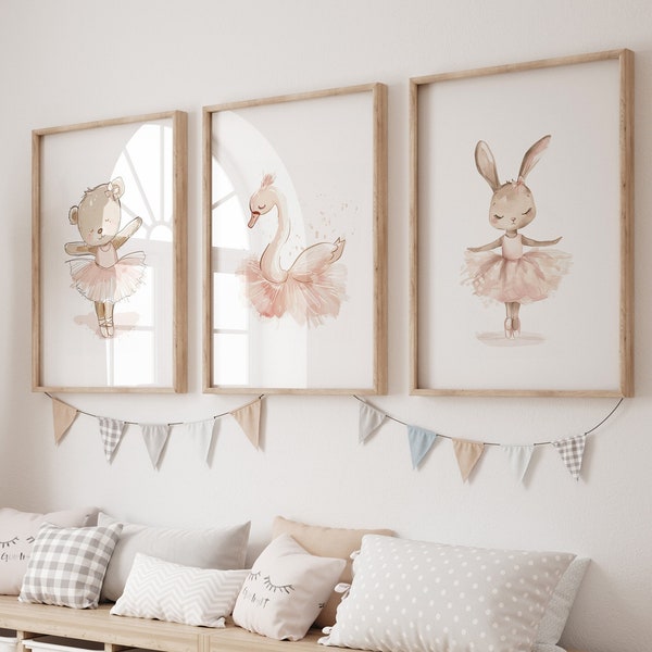 Set of 3 Girls Ballet Nursery Prints, Bunny, Swan and Teddy in Pink Tutus for little Girls Bedroom, Playroom or Nursery, Neutral Decor