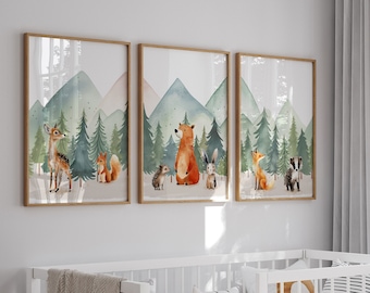 Set Of 3 Woodland Animal Nursery Prints, Green Forest Bedroom Decor Wall Art, Unisex Adventure Outdoor Playroom Posters, Mountain Pictures