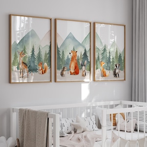 Set Of 3 Woodland Animal Nursery Prints, Green Forest Bedroom Decor Wall Art, Unisex Adventure Outdoor Playroom Posters, Mountain Pictures