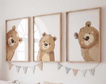 Peeking Bears Set of 3 Nursery Prints, Bear Theme Decor For Babies Bedroom, Gender Neutral Nursery Wall Art, Peek a Boo Playroom Pictures