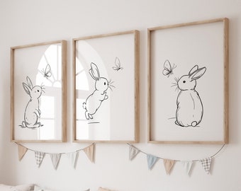 Set of 3 Bunny Line Art Prints for Nursery, Rabbit Pictures for Babies Bedroom, Black and White Kids Room Decor, Gender Neutral Playroom