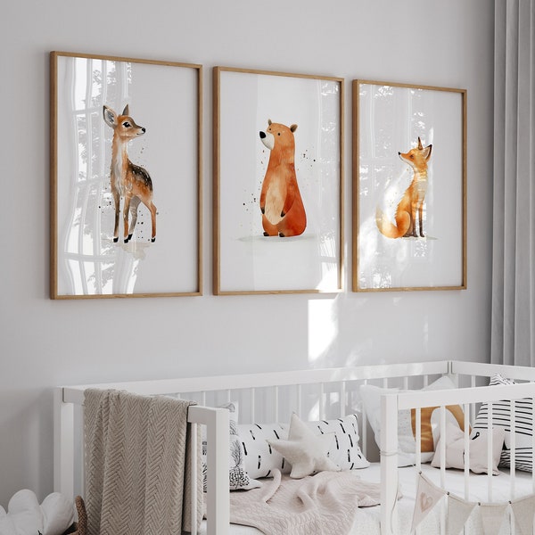 Woodland Animal Nursery Wall Prints, Set of 3 Forest Theme Decor for Babies Bedroom, Neutral Nursery Animal Wall Art, Boho Playroom Pictures