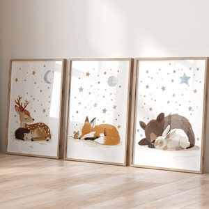 Set of 3 Woodland Animal Nursery Wall Prints, Sleeping Animals for Babies Room, Neutral Prints, Moon & Stars Wall Art, Starry Night Playroom image 1