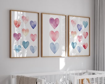 Set of 3 Girls Boho Hearts Nursery Prints, Pastel Colour Wall Art for Girls Bedroom, Girls Playroom Posters, Girls Room Decor, Watercolour
