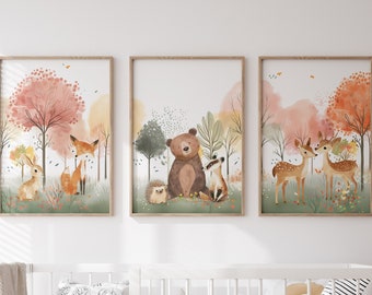 Set Of 3 Woodland Animal Nursery Prints, Blossom Tree Bedroom Decor Wall Art, Unisex Forest Playroom Posters, Scandi Whimsical Kids Room