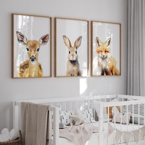 Woodland Animal Nursery Wall Prints Set of 3, Forest Theme Decor For Babies Bedroom, Neutral Nursery Animal Wall Art, Playroom Pictures