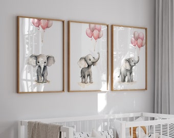 Set of 3 Nursery Wall Prints, Elephant Theme Decor For Baby Girls Bedroom, Pink Nursery Decor, Playroom Pictures, Pink Balloon Wall Art