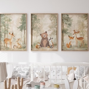 Set of 3 Woodland Animal Nursery Prints, Neutral Beige & Green Kids Bedroom Decor, Unisex Forest Playroom Posters, Scandi Wall Art Pictures