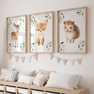 Woodland Animal Nursery Wall Prints, Set of 3, Forest Theme Decor For Babies Bedroom, Neutral Nursery Animal Wall Art, Botanical Playroom