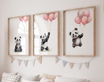 Set of 3 Nursery Wall Prints, Panda Bear Theme Decor for Baby Girls Bedroom, Pink Kids Room Wall Art, Playroom Pictures, Balloon Wall Art
