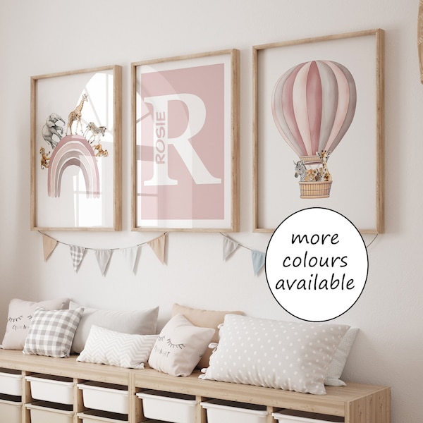 Personalised Name Safari Animal Prints, Rainbow Nursery Wall Art, Set Of 3 Hot Air Balloon Pictures, Blue Pink Beige Green Purple Kids Room