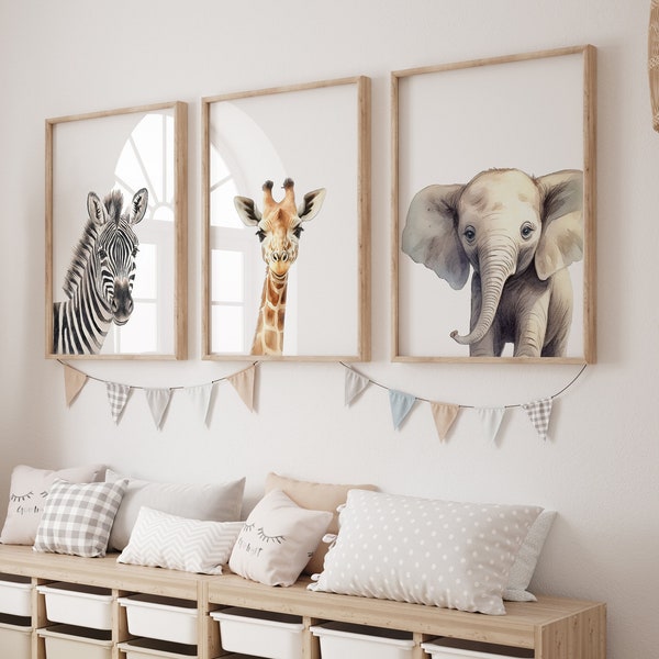 Safari Animal Prints For Nursery, Set Of 3 Safari Animal Nursery Wall Art Prints For Babys Room, Neutral Nursery Decor, Safari Nursery Decor