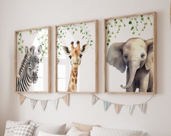 Safari Animals Set of 3 Prints For Nursery, Jungle Animal Theme Nursery Wall Art For Baby Room, Gender Neutral Kids Decor, Giraffe Zebra