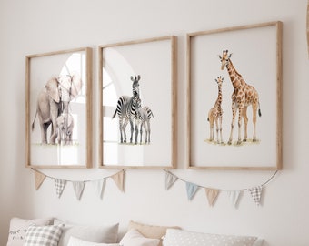 Safari Animal Prints for Nursery, Set of 3 Safari Animal Nursery Wall Art for Babies Room, Neutral Nursery Decor, Elephant Zebra Giraffe