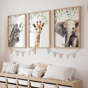 Safari Animals Set of 3 Prints For Nursery, Jungle Animal Theme Nursery Wall Art For Baby Room, Gender Neutral Kids Decor, Giraffe Zebra