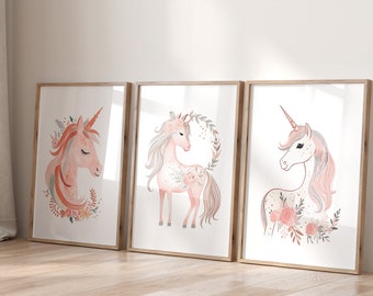 Set of 3 Pink Boho Unicorn Girls Nursery Prints, Unicorn Wall Art, Girls Bedroom Decor, Girls Playroom Posters, Girls Room Decor, Pink Theme