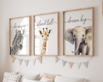 Safari Animal Prints For Nursery, Set Of 3 Safari Animal Nursery Wall Art Prints For Baby Room, Neutral Kids Decor, Giraffe Elephant Zebra