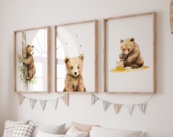 Set of 3 Nursery Wall Prints, Bear Theme Decor For Babies Bedroom, Neutral Nursery Animal Wall Art, Playroom Pictures, Bee Nursery Art
