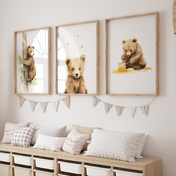 Set of 3 Nursery Wall Prints, Bear Theme Decor For Babies Bedroom, Neutral Nursery Animal Wall Art, Playroom Pictures, Bee Nursery Art