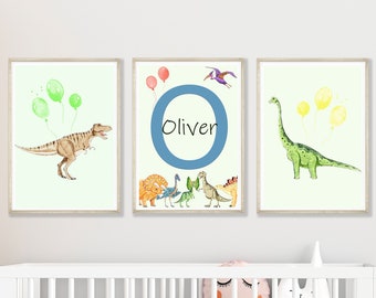 Set Of 3 Nursery Prints, Personalized Name Print For Nursery, Dinosaur Nursery Wall Prints For Boys Room, Baby Boy Nursery Dinosaur Pictures