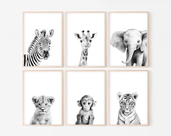 Black and White Safari Animal Prints, Set Of 6 Monochrome Jungle Nursery Wall Art Prints, Neutral Nursery Decor, Unisex Child's Bedroom