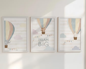 Hot Air Balloon Nursery Wall Prints, Set of 3, Gender Neutral Boho  Cute Animals, Framed Bedroom Decor, Gift for Kids Room, Playroom Posters