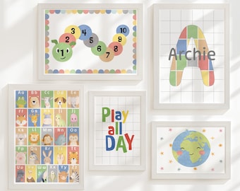 Personalised Nursery Wall Art Set, Alphabet Animals Poster, Numbers Caterpillar, Educational Nursery Decor, Framed or Unframed