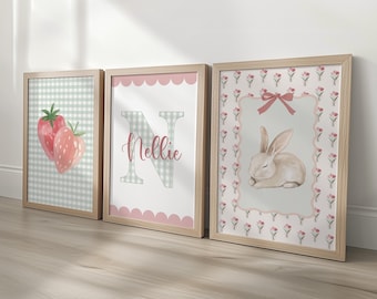 Girls Personalised Set of 3 Nursery Prints, Scalloped Gingham Initial, Strawberry & Bunny Wall Art - Optional Frames