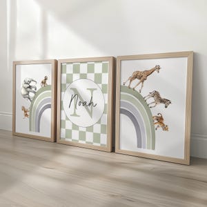 Personalised Name Safari Animal Prints, Boho Rainbow Nursery Wall Art, Set Of 3 Customised Pictures, Checkerboard Wall Art for Kids Room