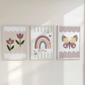 Girls Personalised Set of 3 Prints, Custom Rainbow Name Posters, Flower Decor Framed Butterfly Wall Art Gift for Nursery, Bedroom, Playroom