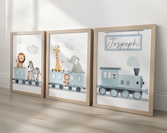 Safari Train Personalised Nursery Wall Prints, Set of 3 Safari Animal Custom Framed Boys Bedroom Decor, Gift for Kids Room, Playroom Posters