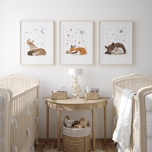 Set of 3 Woodland Animal Nursery Wall Prints, Sleeping Animals for Babies Room, Neutral Prints, Moon & Stars Wall Art, Starry Night Playroom image 3