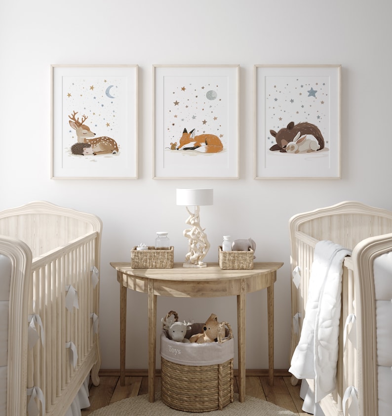 Set of 3 Woodland Animal Nursery Wall Prints, Sleeping Animals for Babies Room, Neutral Prints, Moon & Stars Wall Art, Starry Night Playroom image 3