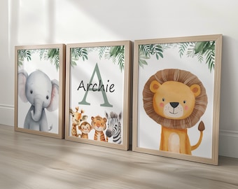 Personalised Safari Nursery Wall Prints, Set of 3 Kids Name Art, Boys Bedroom Decor, Girls Room Animal Pictures, Custom Playroom Posters