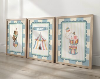 Personalised Circus Nursery Prints, Baby Name Print, Elephant Bear Big Top Tent, Kids Bedroom or  Playroom Decor - Optional Frames