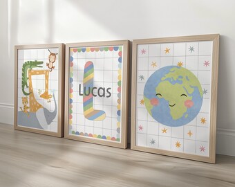 Personalised Safari Nursery Wall Art Set, Quirky Jungle Nursery Decor, Earth Print,  Modern Nursery Posters Available Framed or Unframed