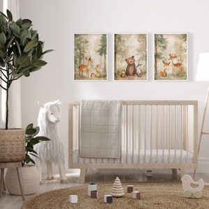 Set of 3 Woodland Animal Nursery Prints, Neutral Beige & Green Kids Bedroom Decor, Unisex Forest Playroom Posters, Scandi Wall Art Pictures image 3