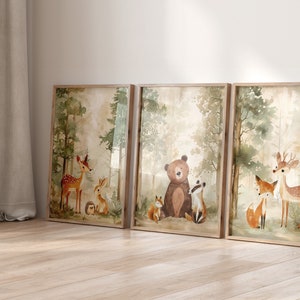 Set of 3 Woodland Animal Nursery Prints, Neutral Beige & Green Kids Bedroom Decor, Unisex Forest Playroom Posters, Scandi Wall Art Pictures image 6