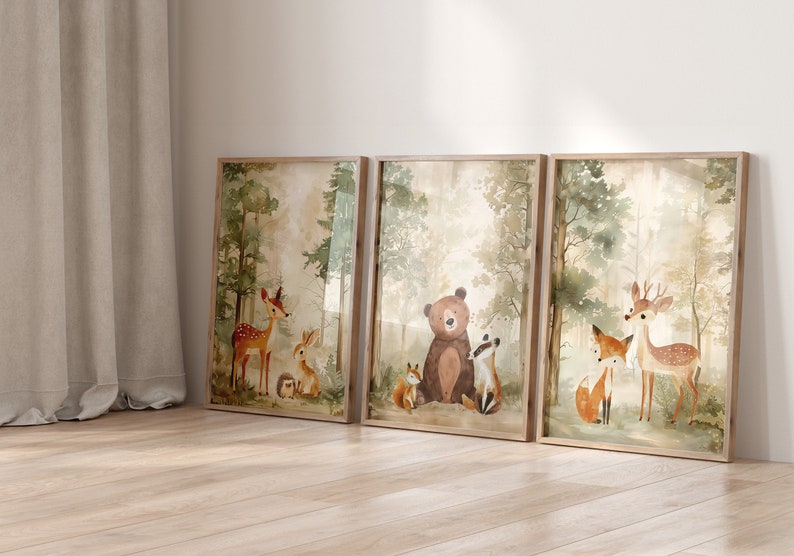 Set of 3 Woodland Animal Nursery Prints, Neutral Beige & Green Kids Bedroom Decor, Unisex Forest Playroom Posters, Scandi Wall Art Pictures image 6