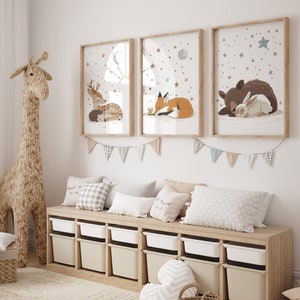 Set of 3 Woodland Animal Nursery Wall Prints, Sleeping Animals for Babies Room, Neutral Prints, Moon & Stars Wall Art, Starry Night Playroom image 8