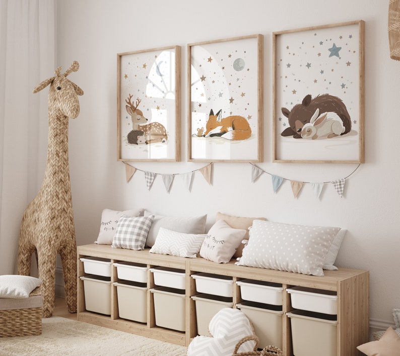 Set of 3 Woodland Animal Nursery Wall Prints, Sleeping Animals for Babies Room, Neutral Prints, Moon & Stars Wall Art, Starry Night Playroom image 8